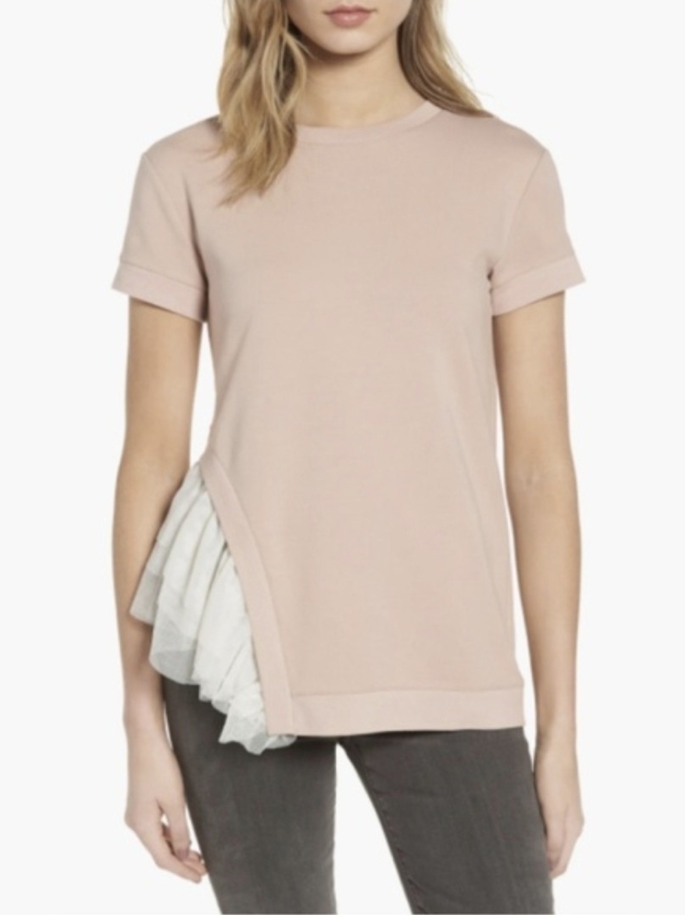 Chelsea28 Blush Pink Short Sleeve Tee with Side Ruffle